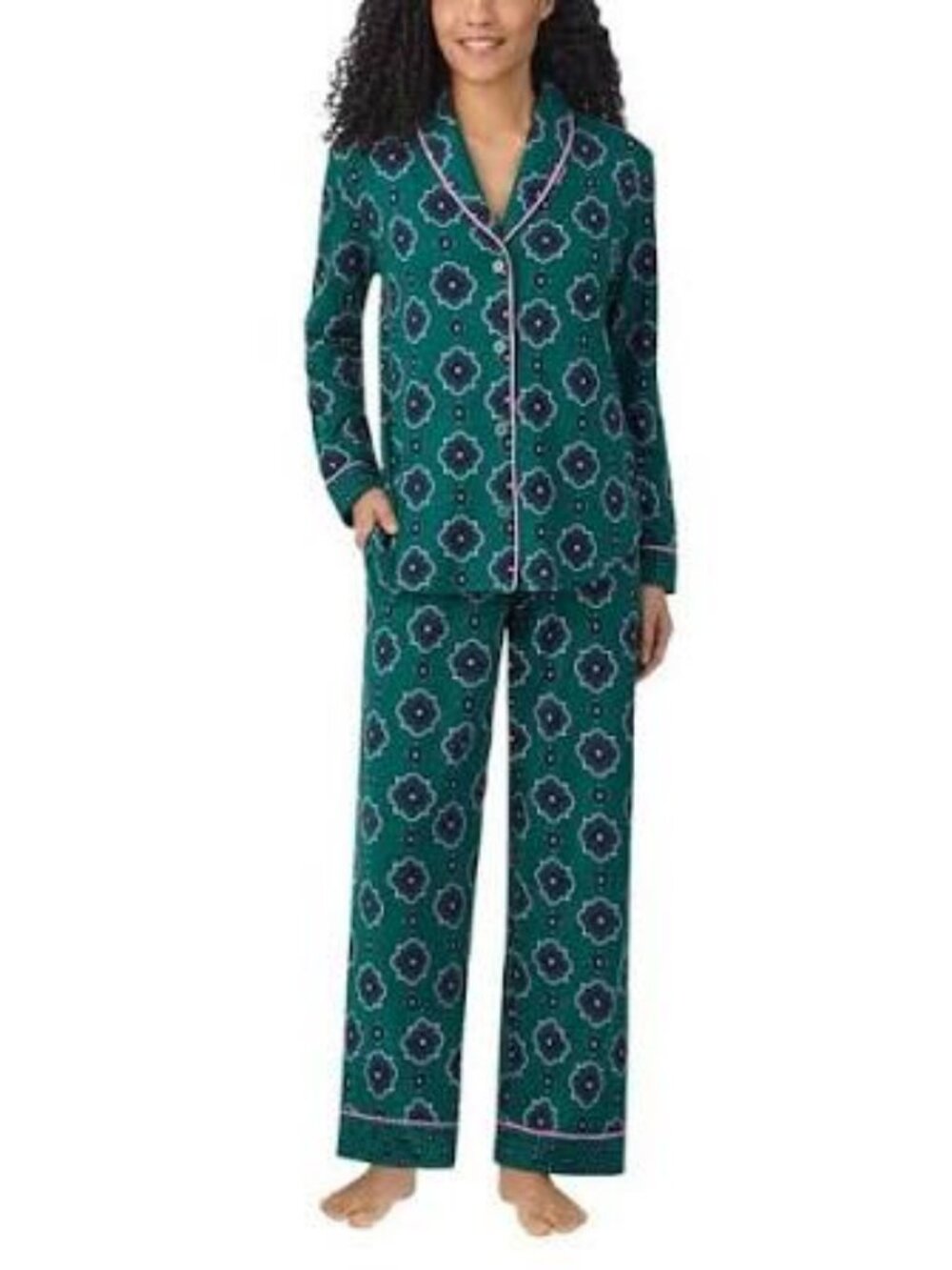 ROOM SERVICE Shawl Collar Teal Green Geometric Print Pajama Set ** Size Small